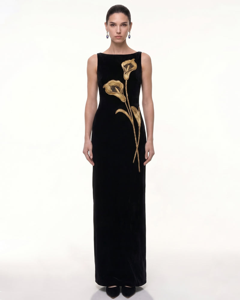 Calla Lily Embellished Velvet Column Maxi Dress - Black