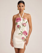 Rose Embroidered Side-Slit Halter Mini Dress - Pure White