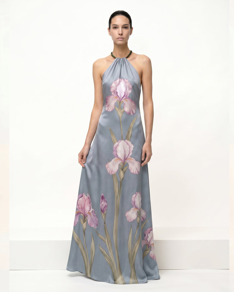 Iris Floral Print Halter Maxi Dress - Dusty Blue