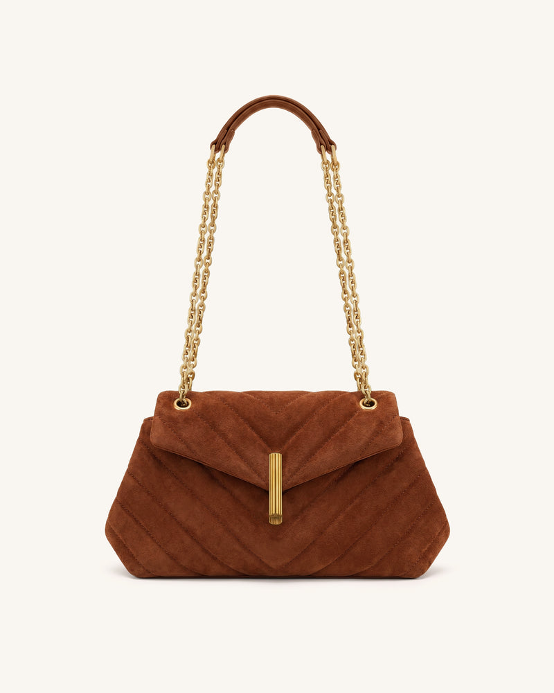 Valerie Faux Suede Quilted Chain Flap Shoulder Bag - Coffee Brown