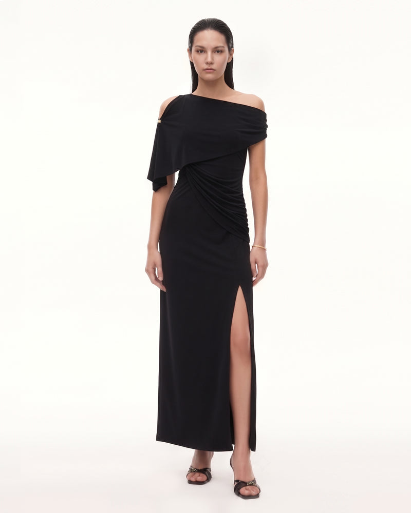 Asymmetric Shoulder Draped Cape Slit Midi Dress - Black