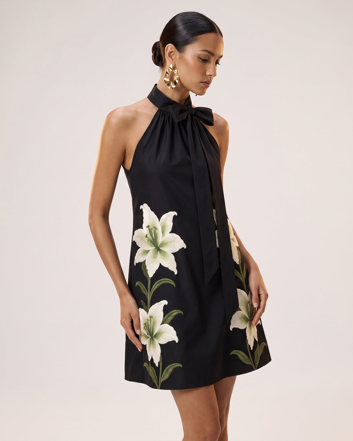 Lily Embroidered Bow Halter Mini Dress - Black