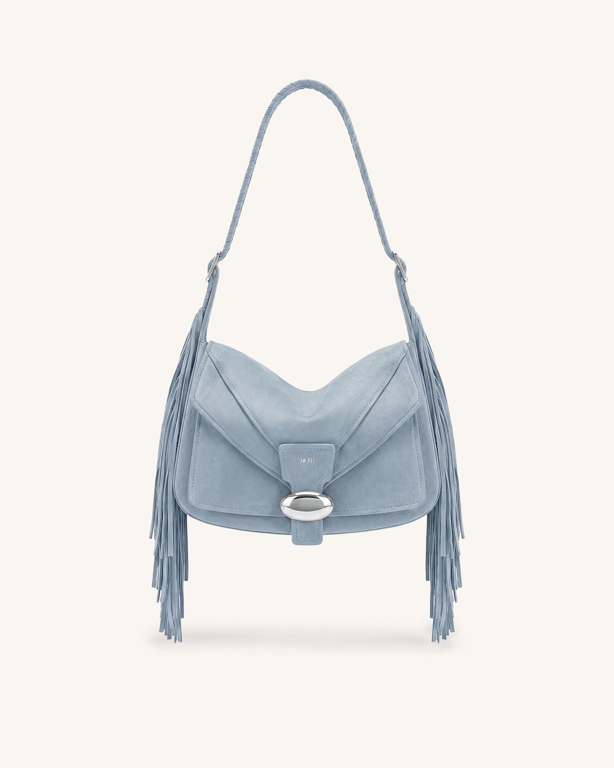 Avery Fringe Faux Suede Shoulder Bag - Light Blue