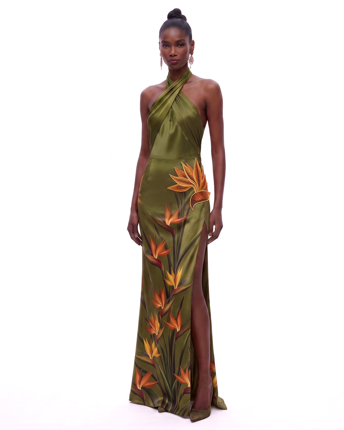 3D Bird Of Paradise Halter High-Slit Dress -  Olive Green