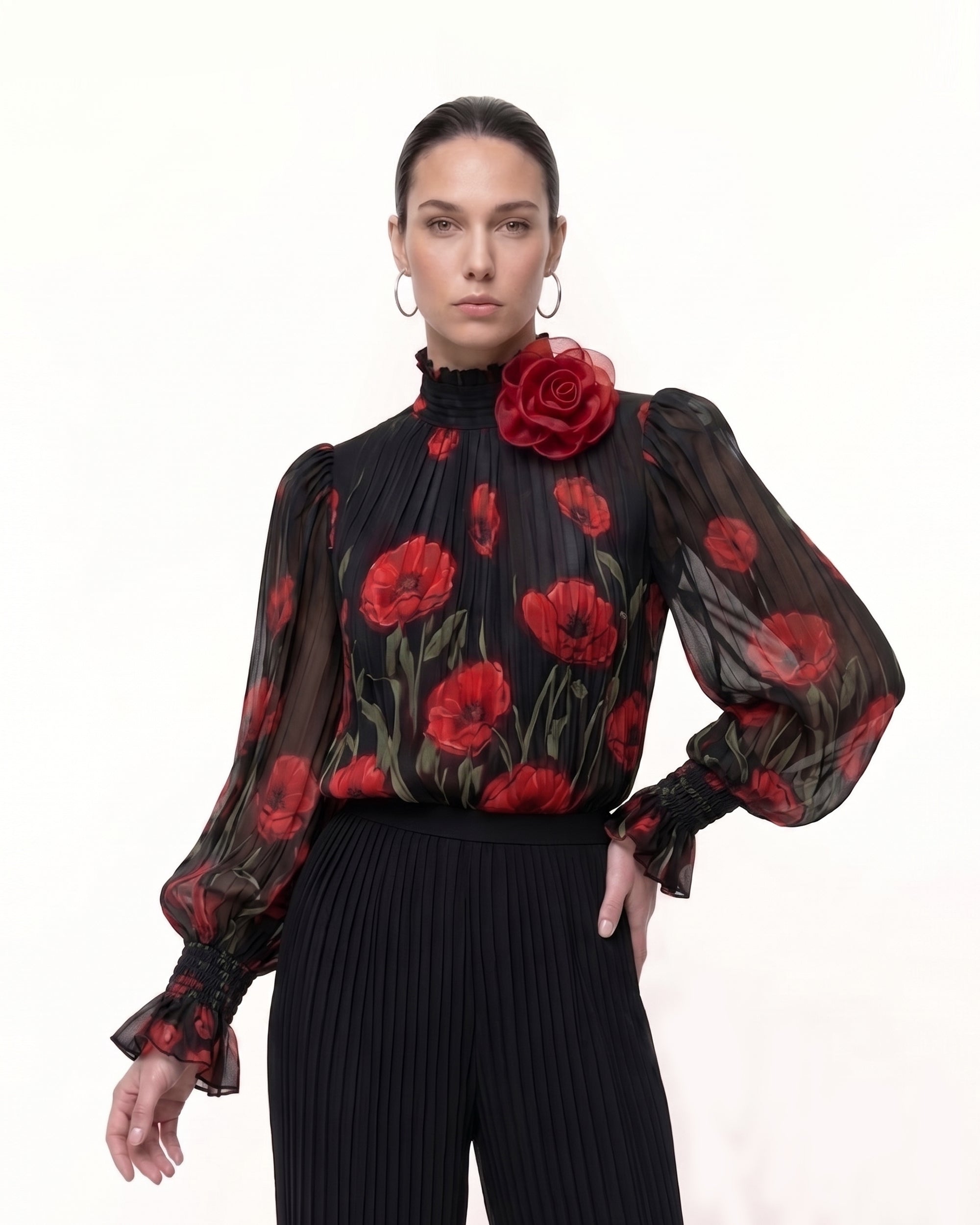 Corn Poppy Pleated Chiffon Blouse - Black