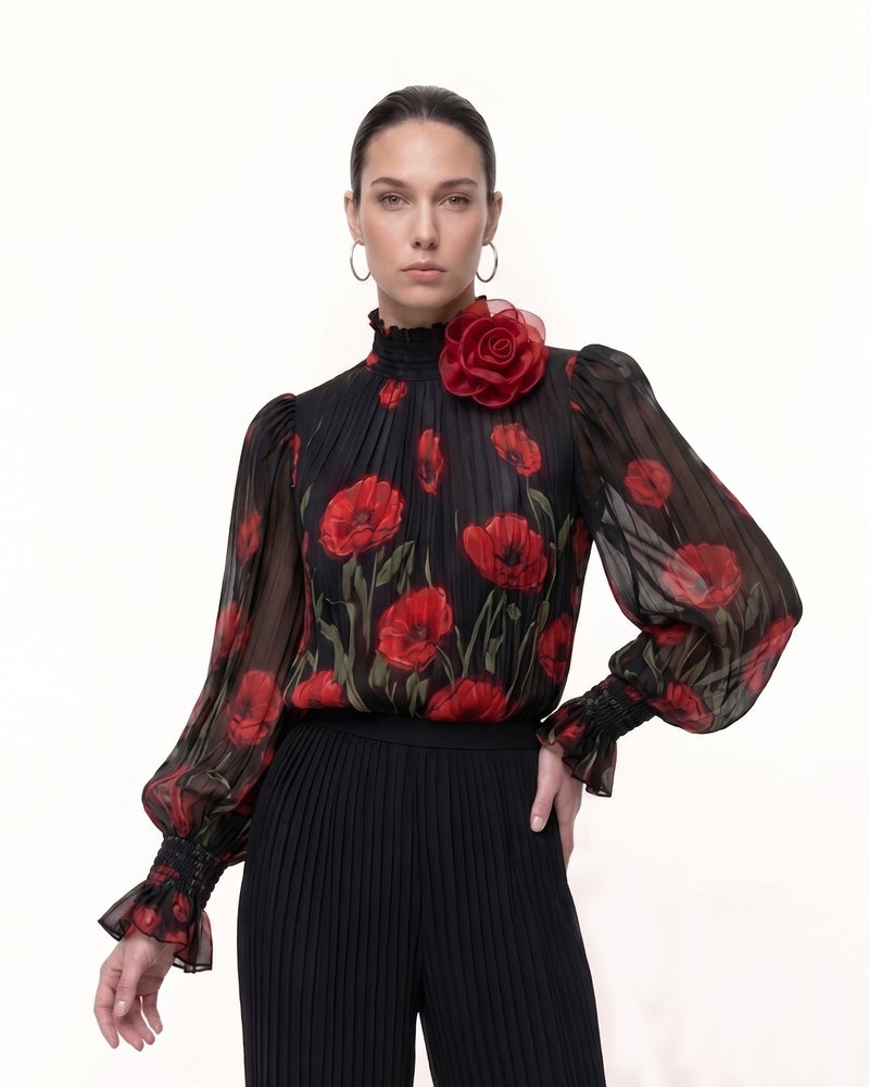 Corn Poppy Pleated Chiffon Blouse - Black