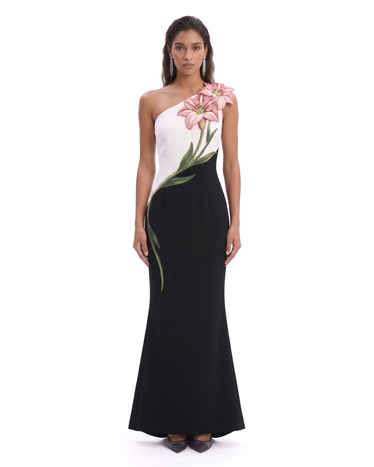 3D Amaryllis One-Shoulder Colorblock Maxi Dress - Black White