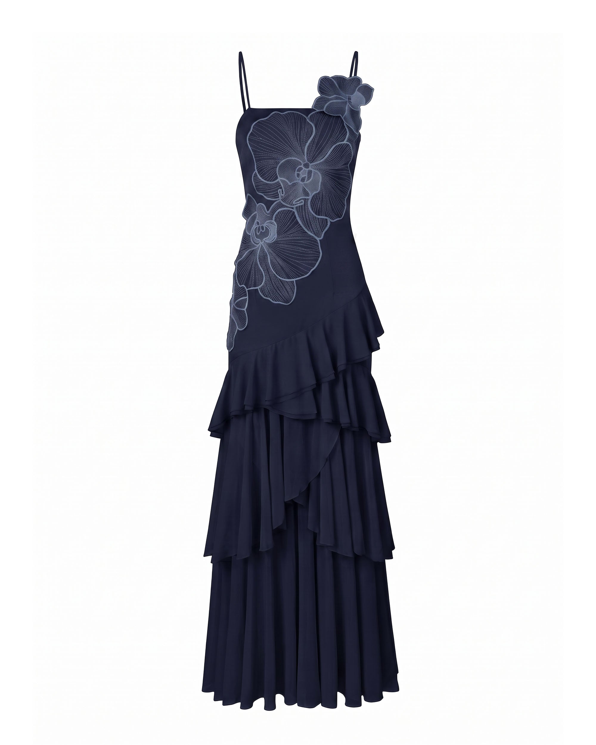 Orchid Embroidered Ruffled One-Shoulder Maxi Dress - Navy