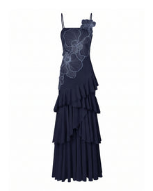 Orchid Embroidered Ruffled One-Shoulder Maxi Dress - Navy