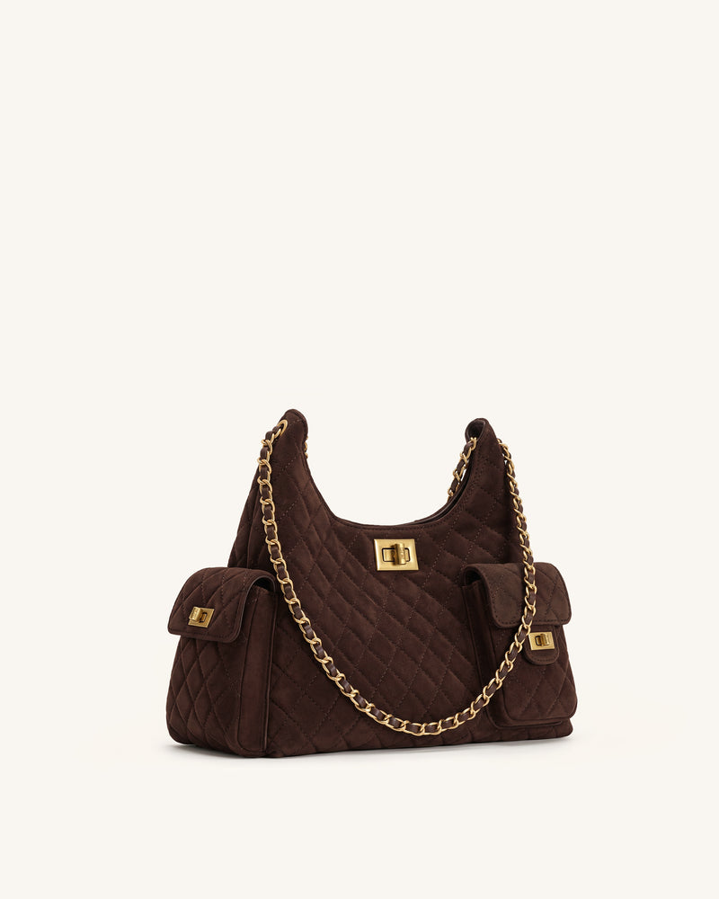 Vivian Faux Suede Quilted Chain Shoulder Bag - Dark Brown