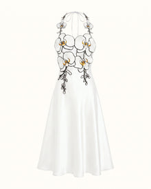3D Floral Halter Satin Midi Dress - White
