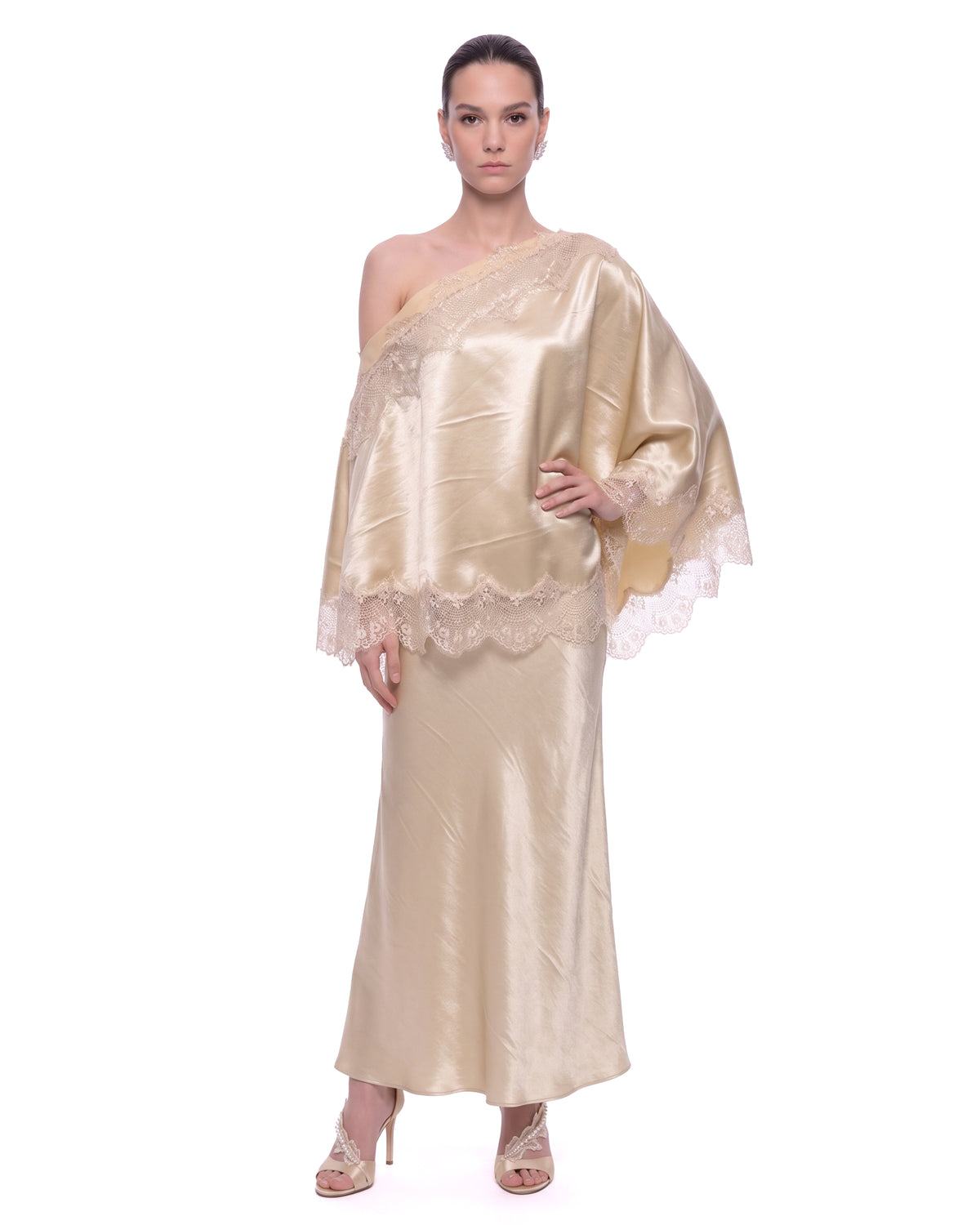 Lace-Trim One-Shoulder Satin Set - Champagne