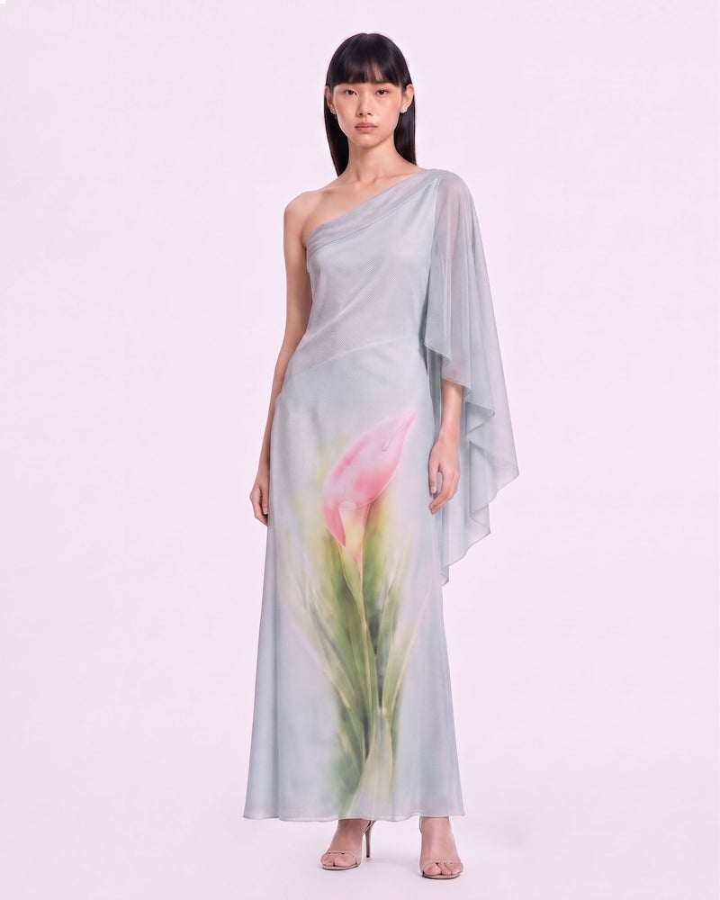 Calla Lily One-Shoulder Cape Maxi Dress - Light Blue