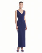 Embroidered Floral Applique V-Neck Open-Back Maxi Dress - Navy