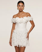 Flower Embroidered Off-Shoulder Corset Mini Dress - White