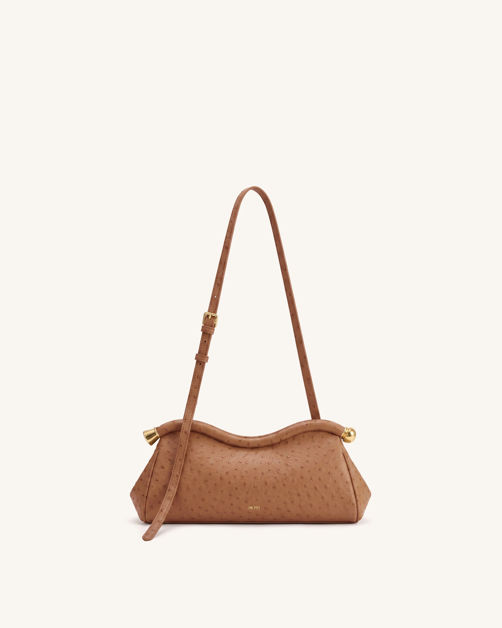 Naomi Faux Ostrich Grain Curved Shoulder Bag - Caramel Brown