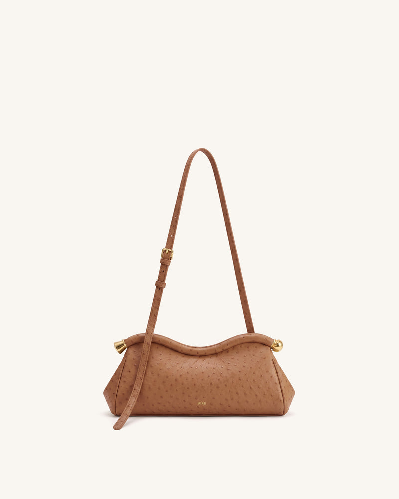 Naomi Faux Ostrich Grain Curved Shoulder Bag - Caramel Brown