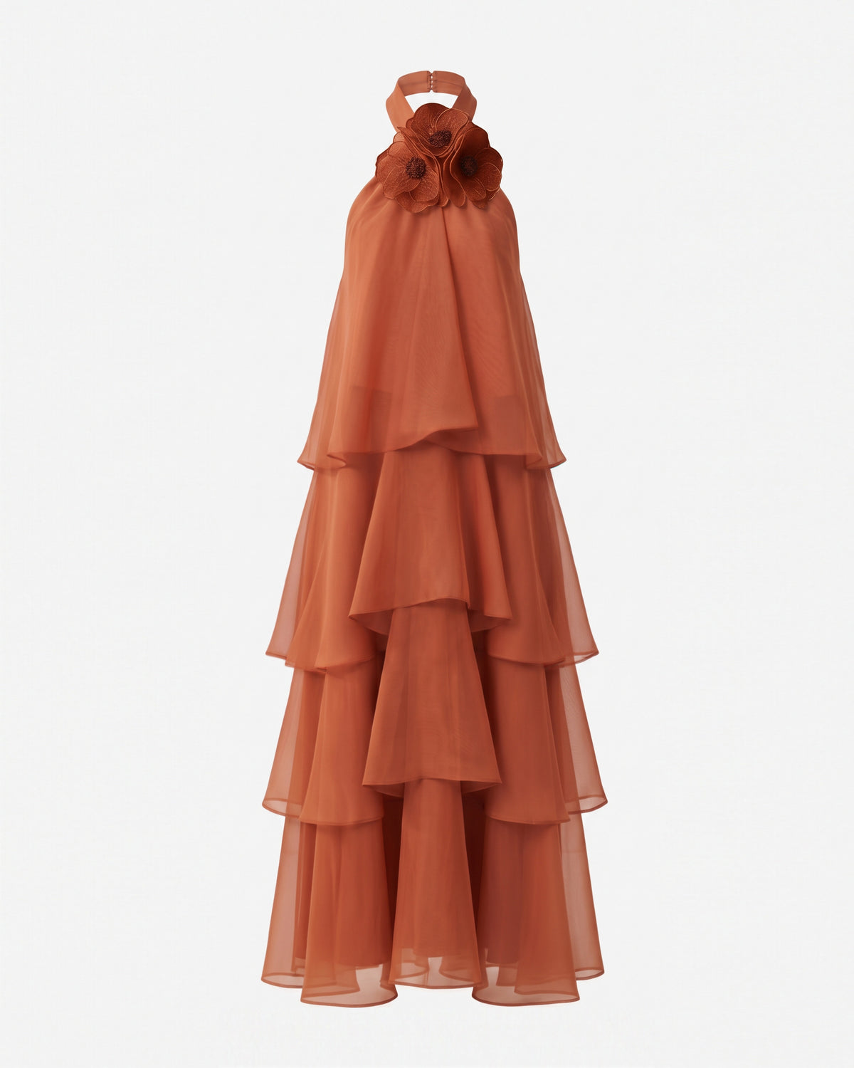 Poppy Embroidered Halter Tiered Ruffle Maxi Dress - Burnt Orange