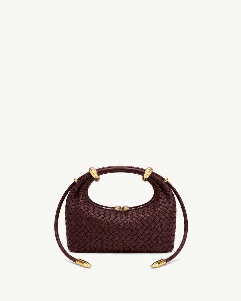 Ellie Woven Metal Ring Embellished Top Handle Bag - Berry Red