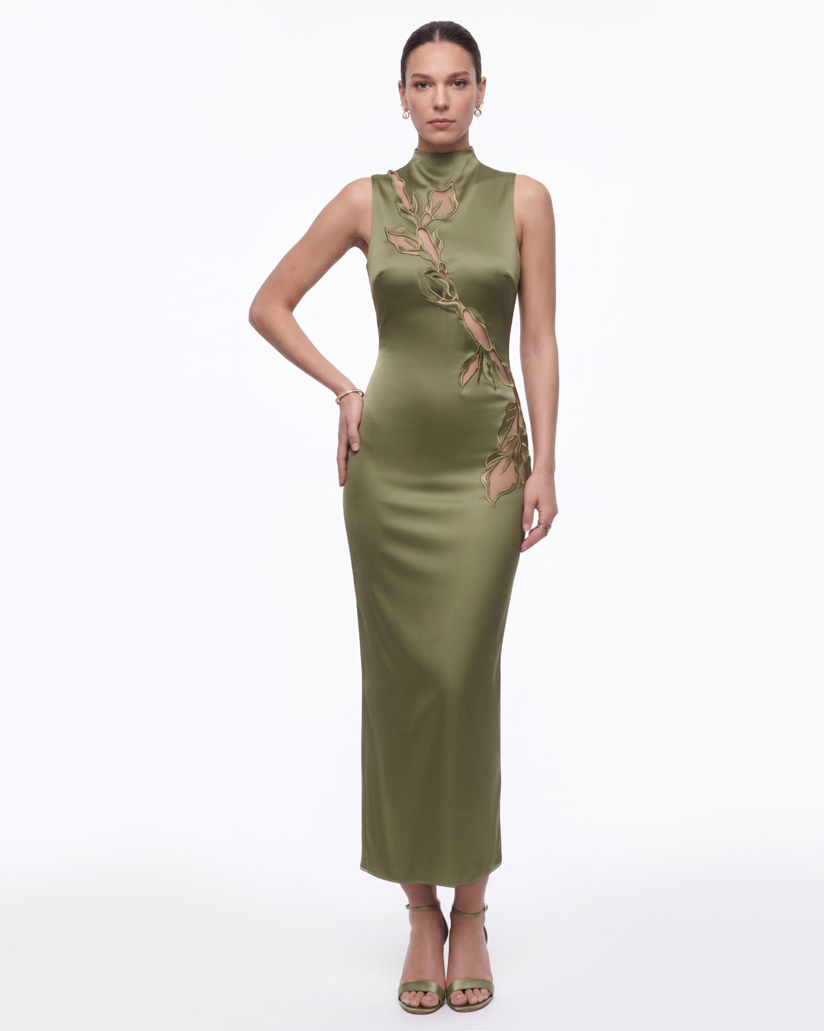 Floral Embroidered Mock-Neck Satin Maxi Dress - Olive Green