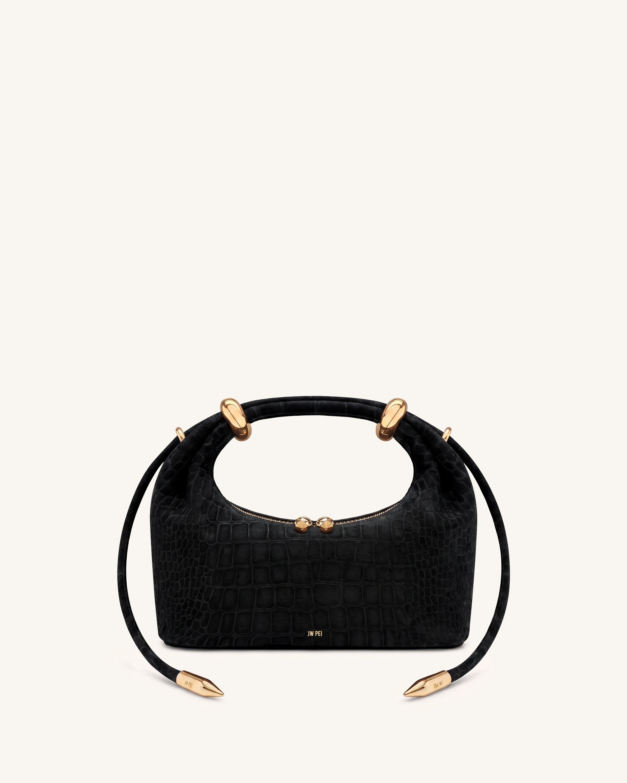 Ellie Faux Suede Metal Ring Embellished Top Handle Bag - Black Croc