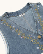 Botanical Vine Embroidered Denim Vest - Light Wash