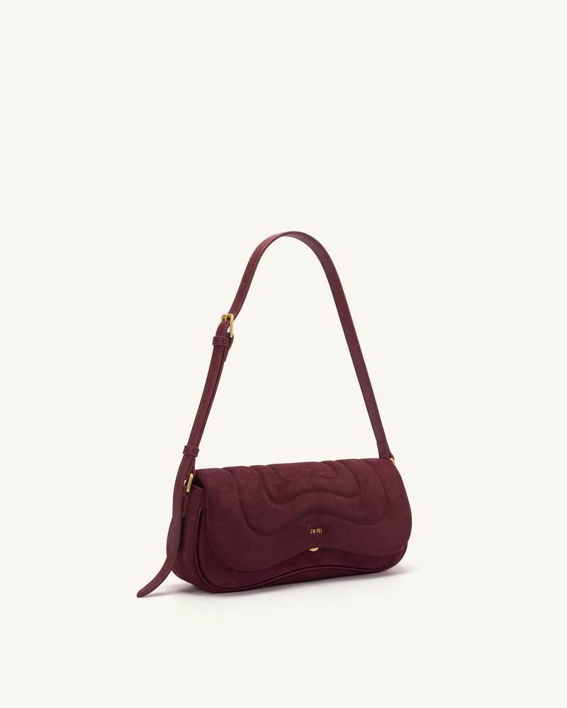 Tina Curved Quilted Faux Suede Shoulder Bag - Deep Burgundy