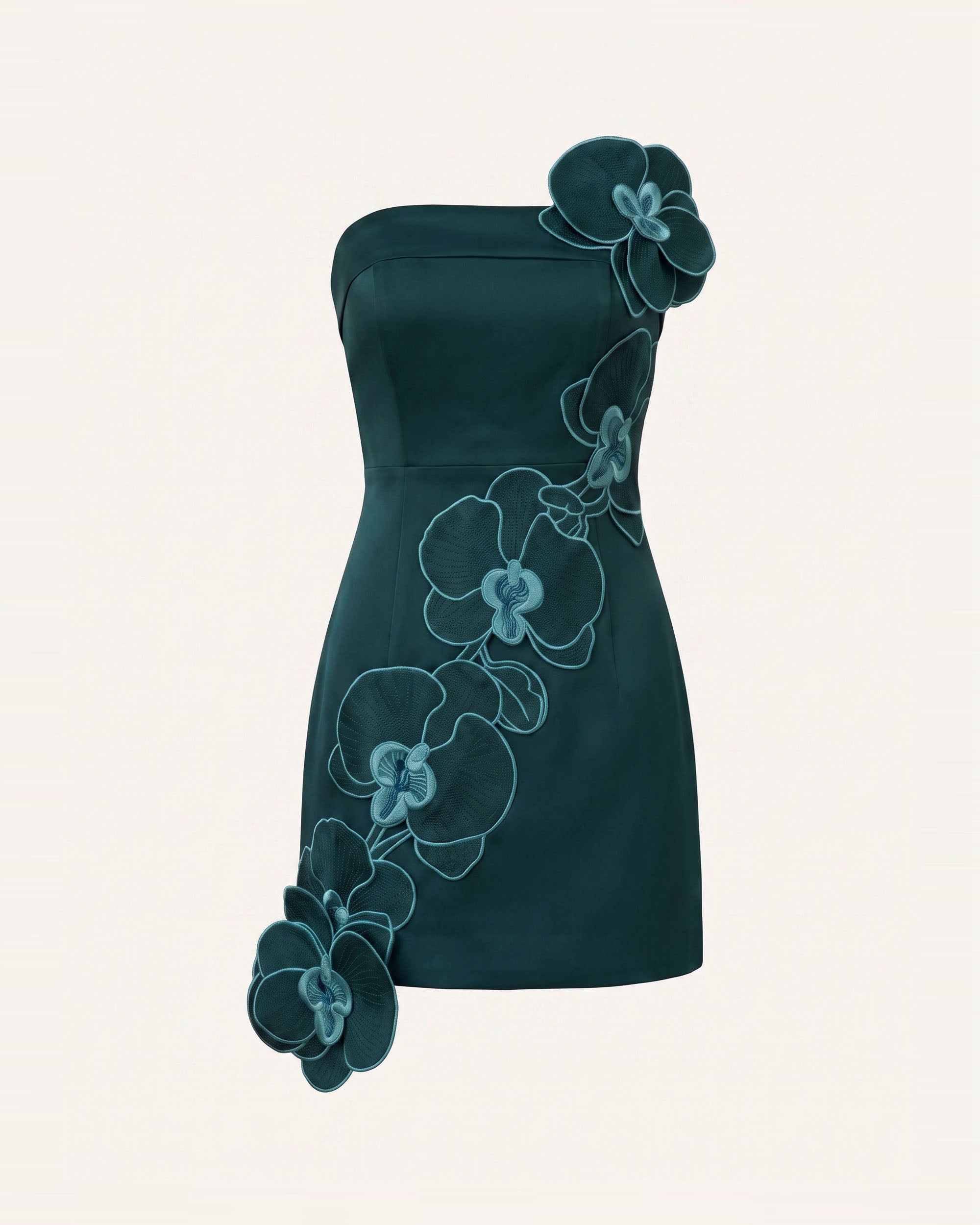 Orchid Embroidered Floral Appliqué Strapless Mini Dress - Dark Green