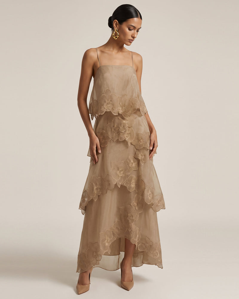 Orchid Embroidered Layered Maxi Dress - Light Brown