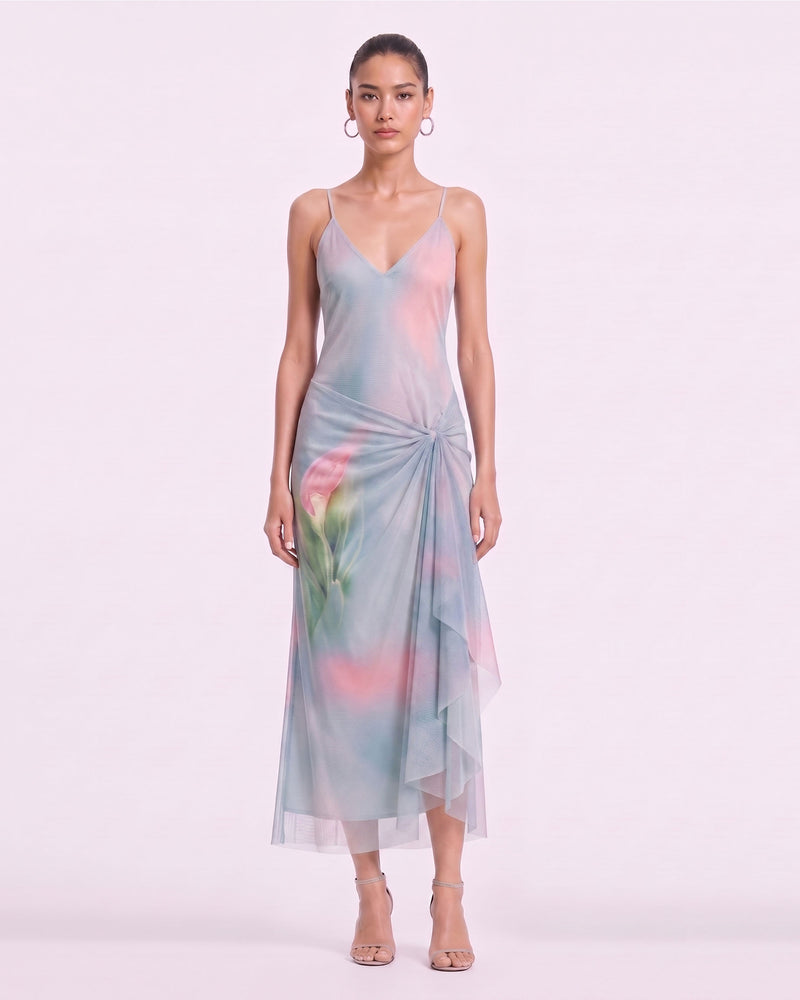 Calla Lily Ruched Slip Midi Dress - Light Blue