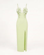 3D Floral Slit Maxi Dress - Light Green