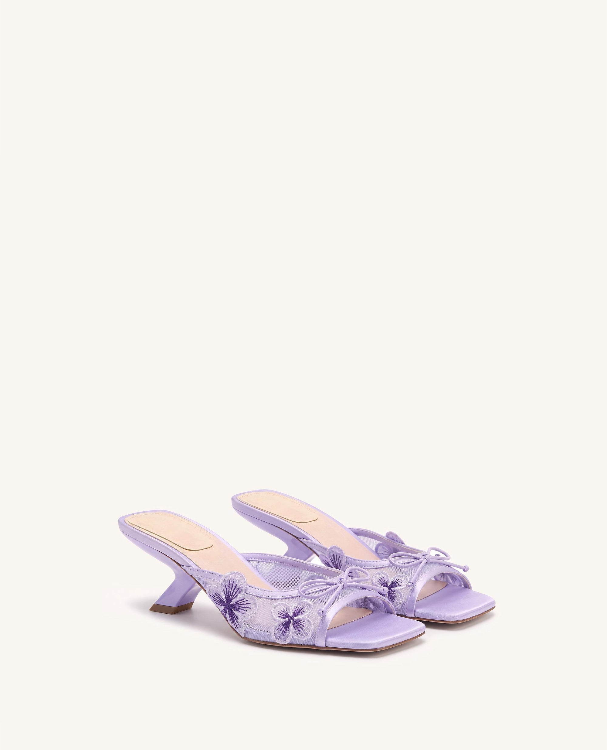 Mireille Bow Floral Embroidered Appliqué Mesh Heeled Sandals - Purple