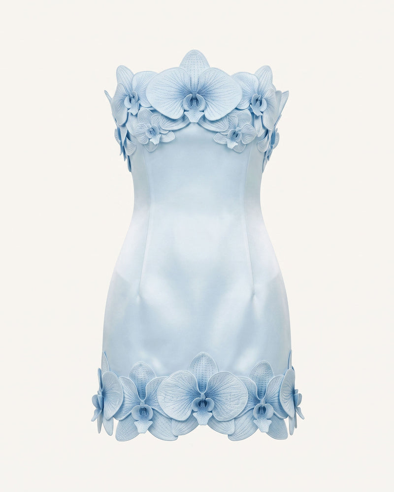 Orchid Trim Strapless Mini Dress - Blue
