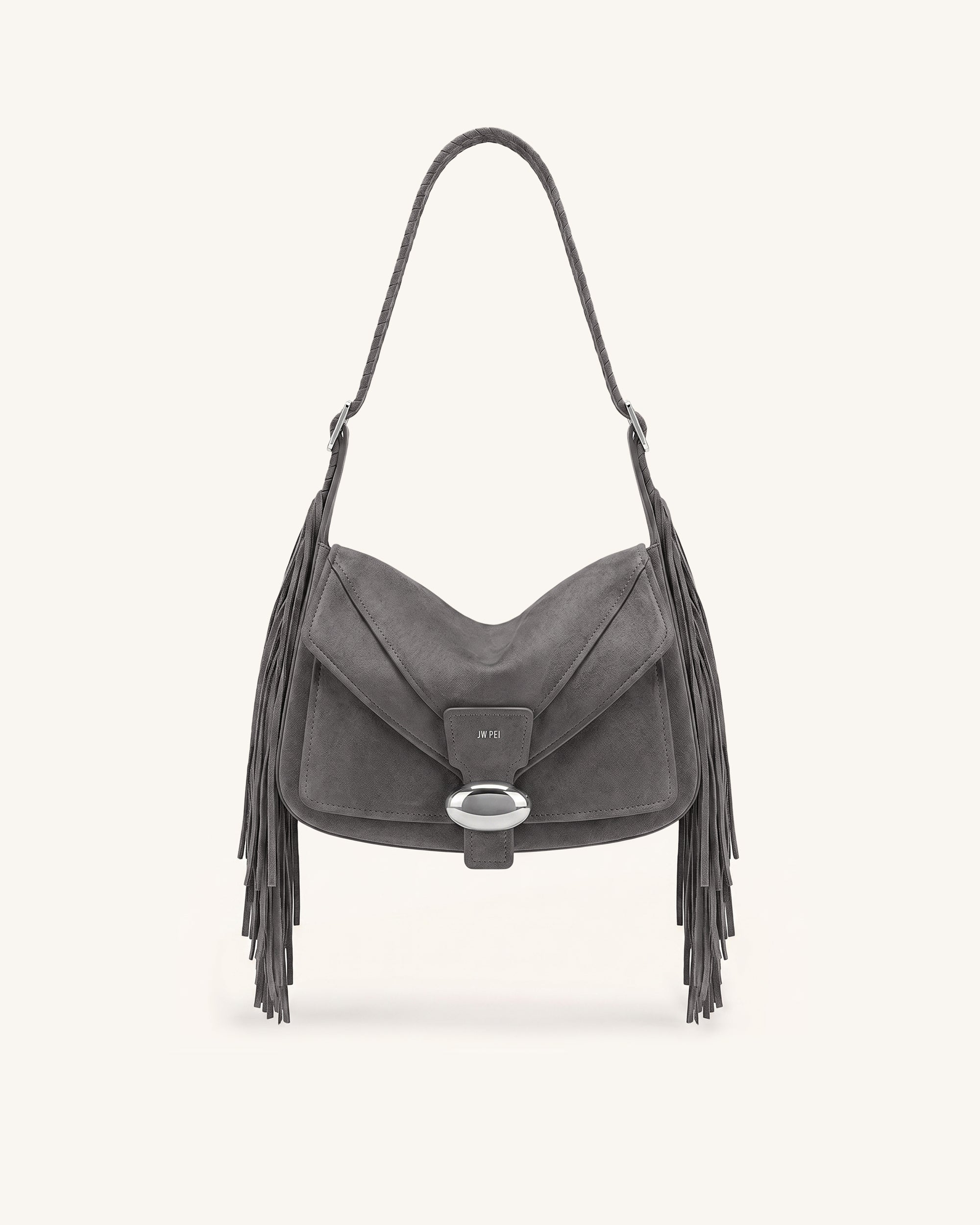 Avery Fringe Faux Suede Shoulder Bag - Gray