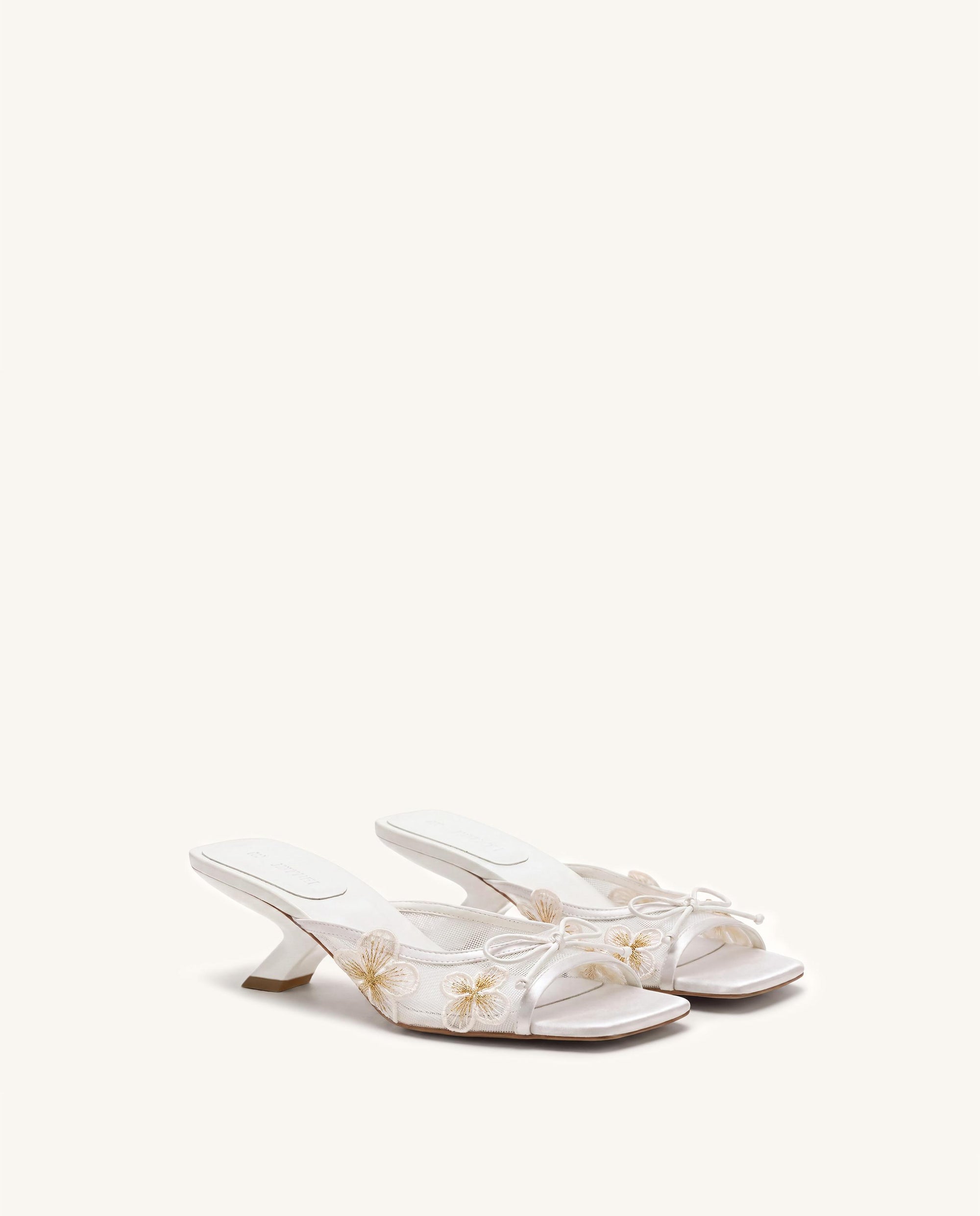 Mireille Bow Floral Embroidered Appliqué Mesh Heeled Sandals - White