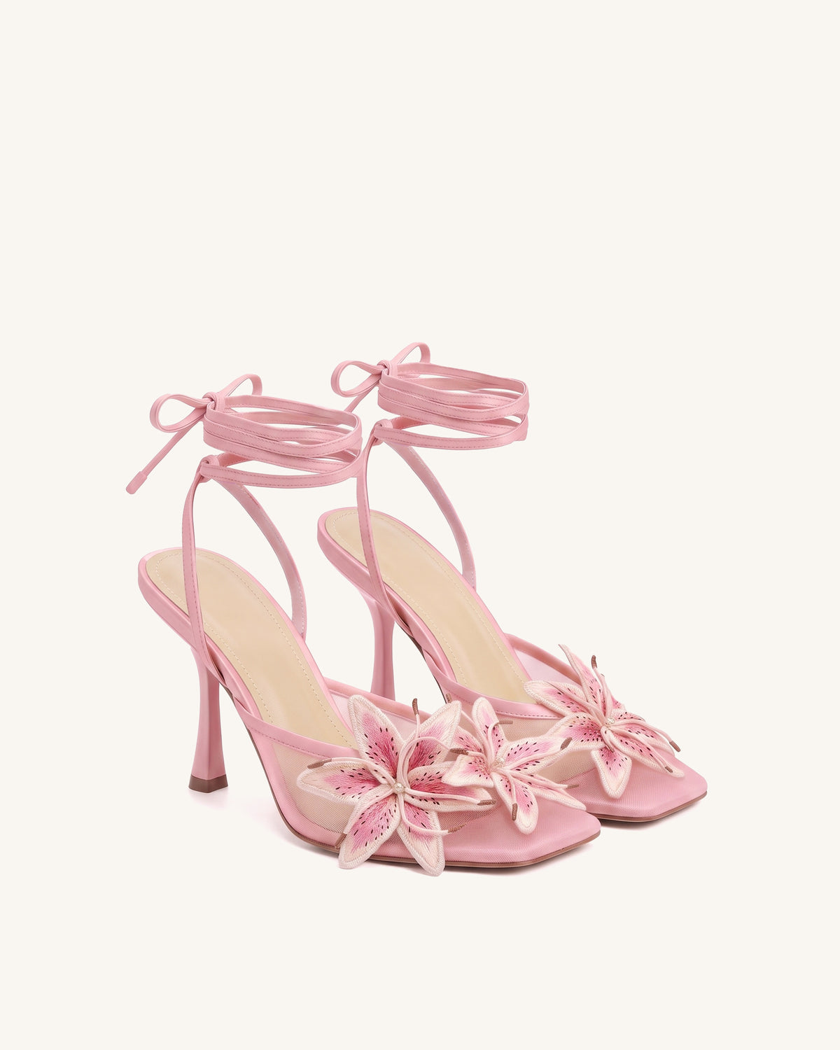 Isadora Lily Floral Mesh Lace-Up Stiletto Sandals - Pink