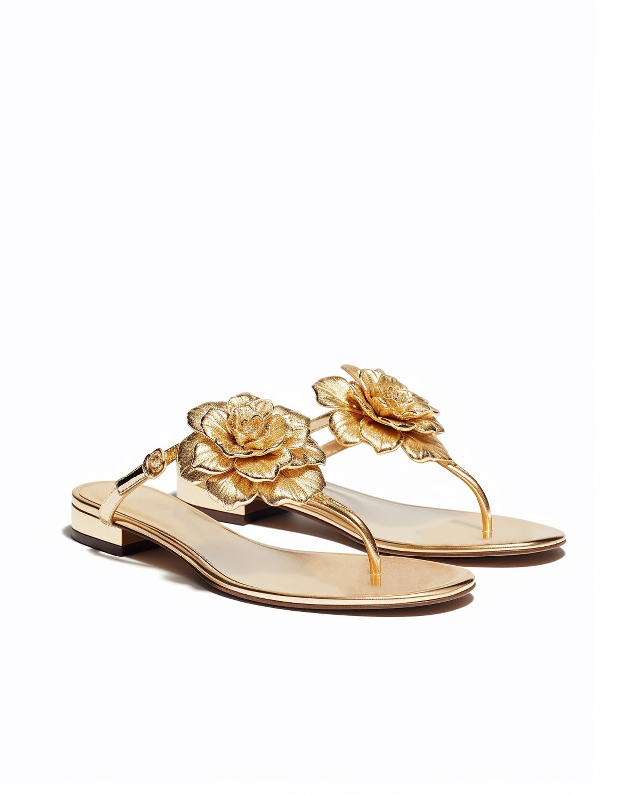 Floral Metallic Thong Sandals - Gold