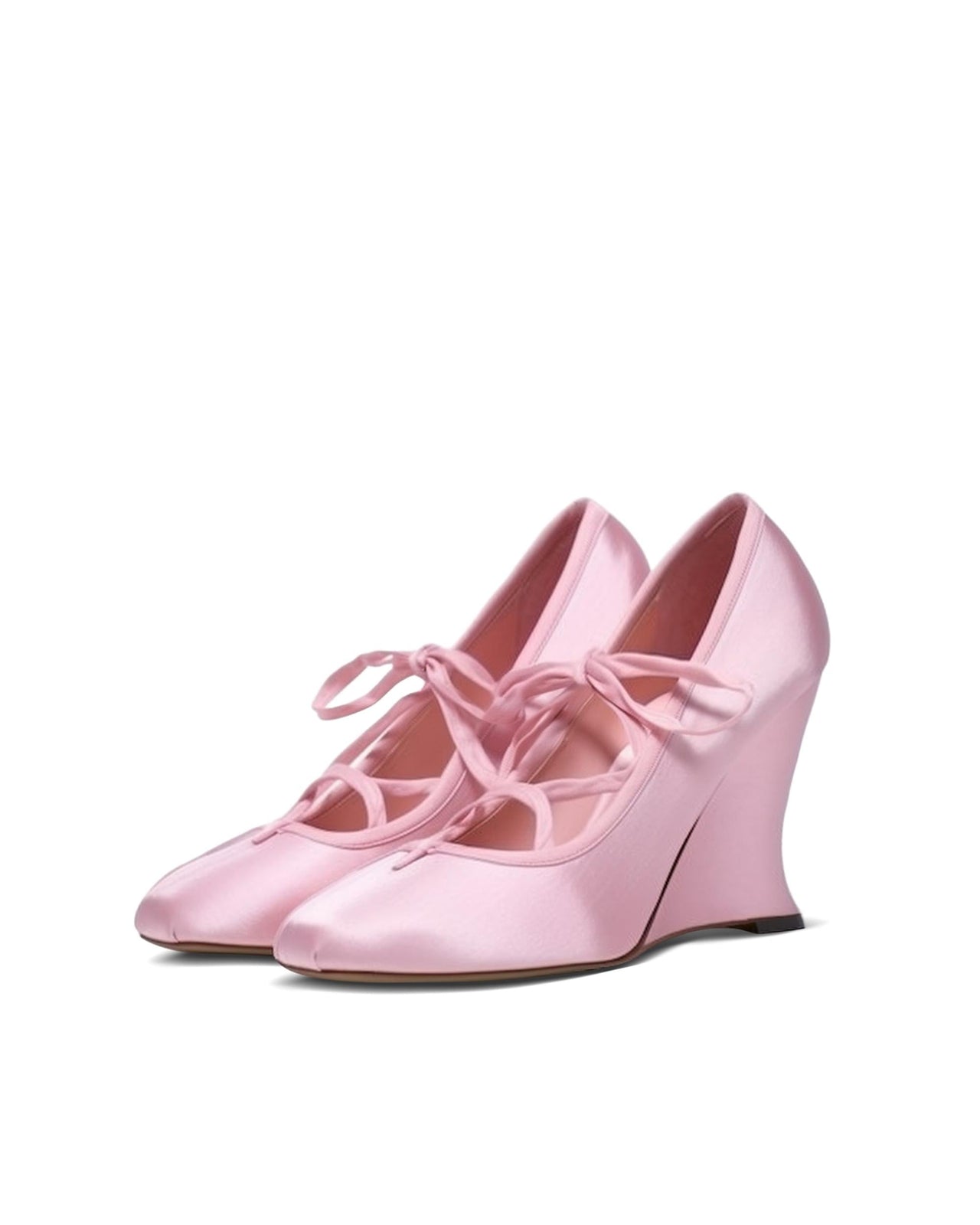 Satin Lace-up Wedge Pumps - Pink