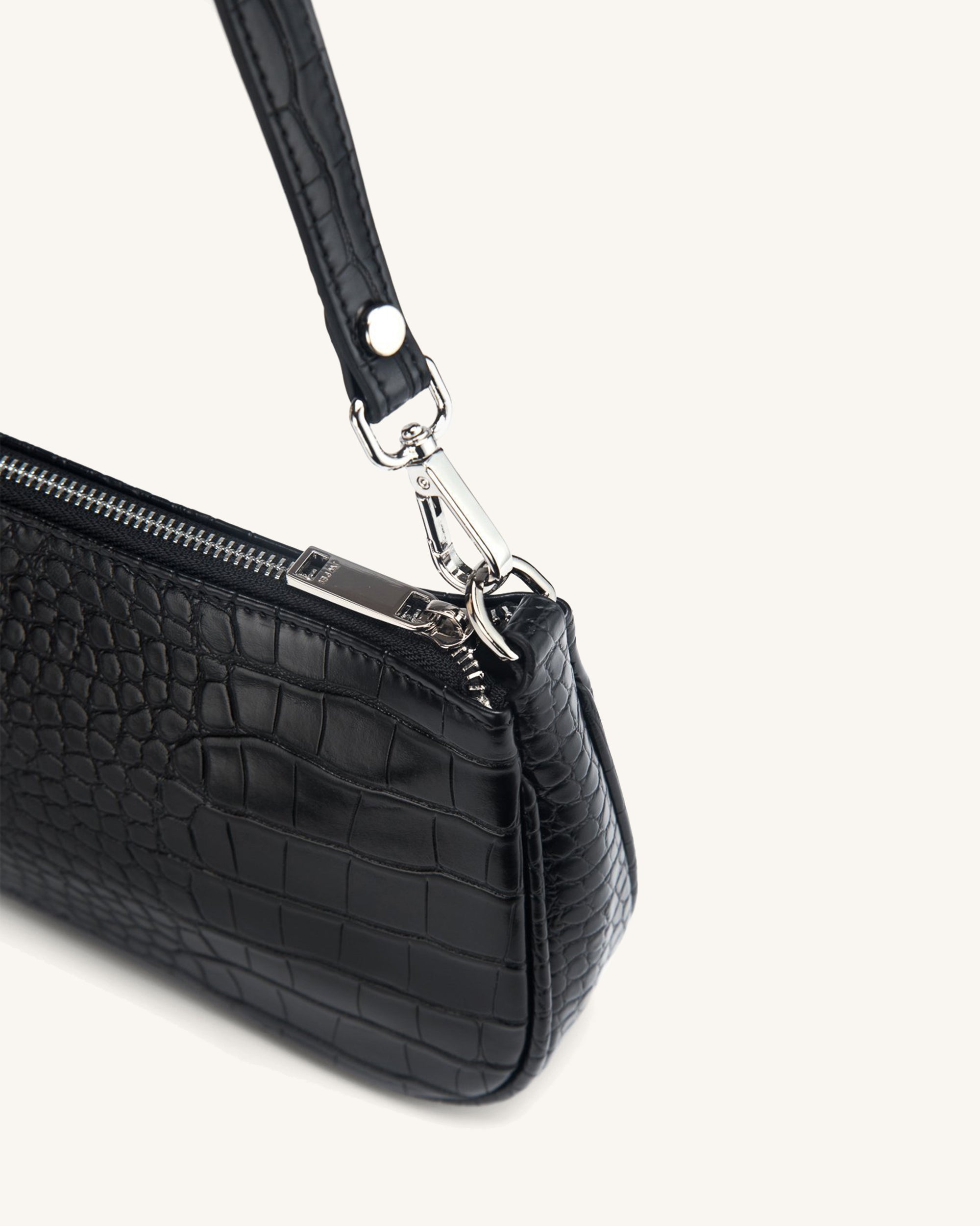 JW Pei Eva Croc Embossed Faux Leather Convertible Shoulder Bag in Black Croc