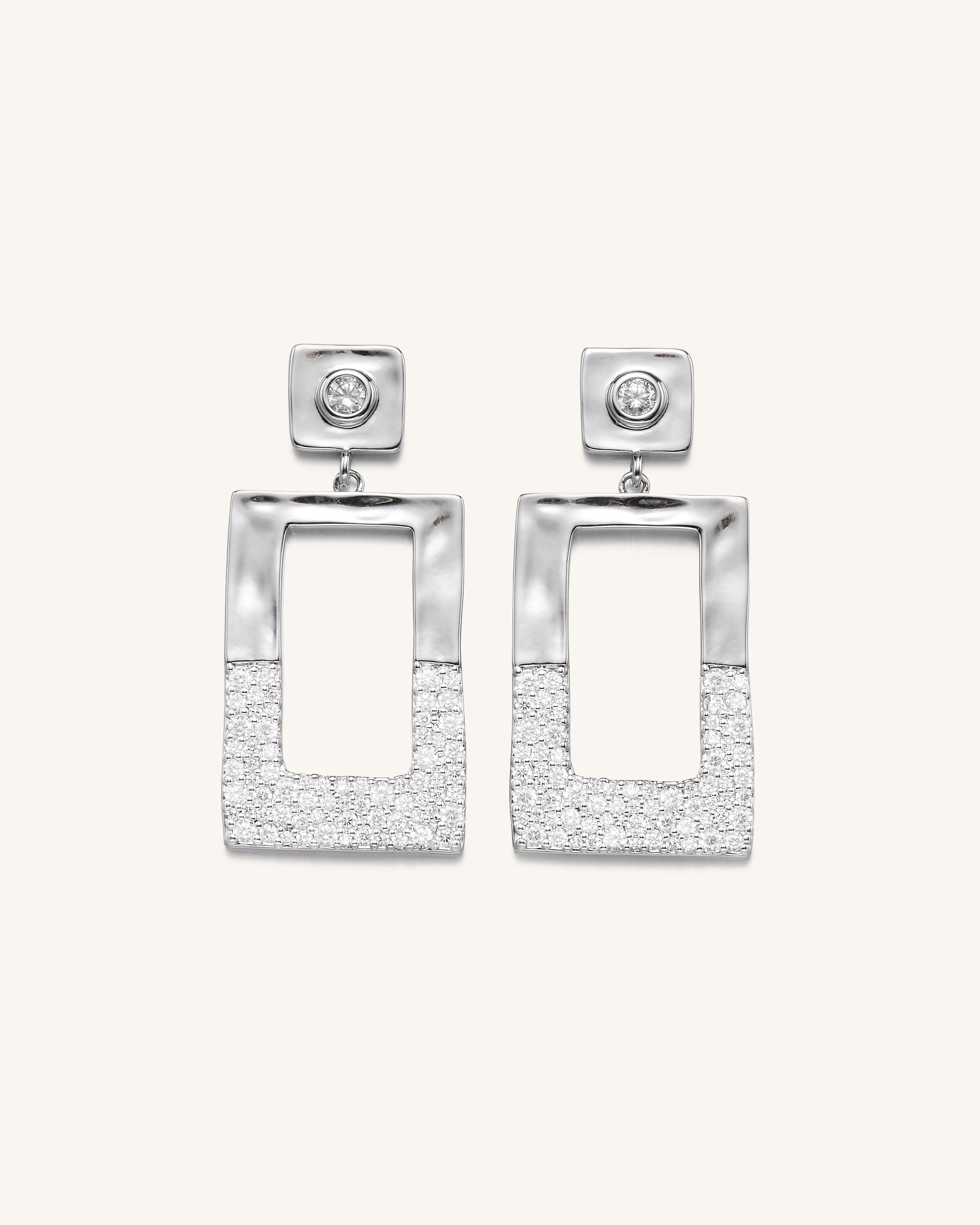 Geometrical Openwork Rectangle Earrings - 18ct White Gold Plated & White Zircon