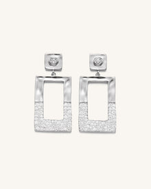 Geometrical Openwork Rectangle Earrings - 18ct White Gold Plated & White Zircon