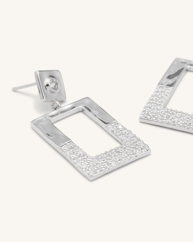 Geometrical Openwork Rectangle Earrings - 18ct White Gold Plated & White Zircon