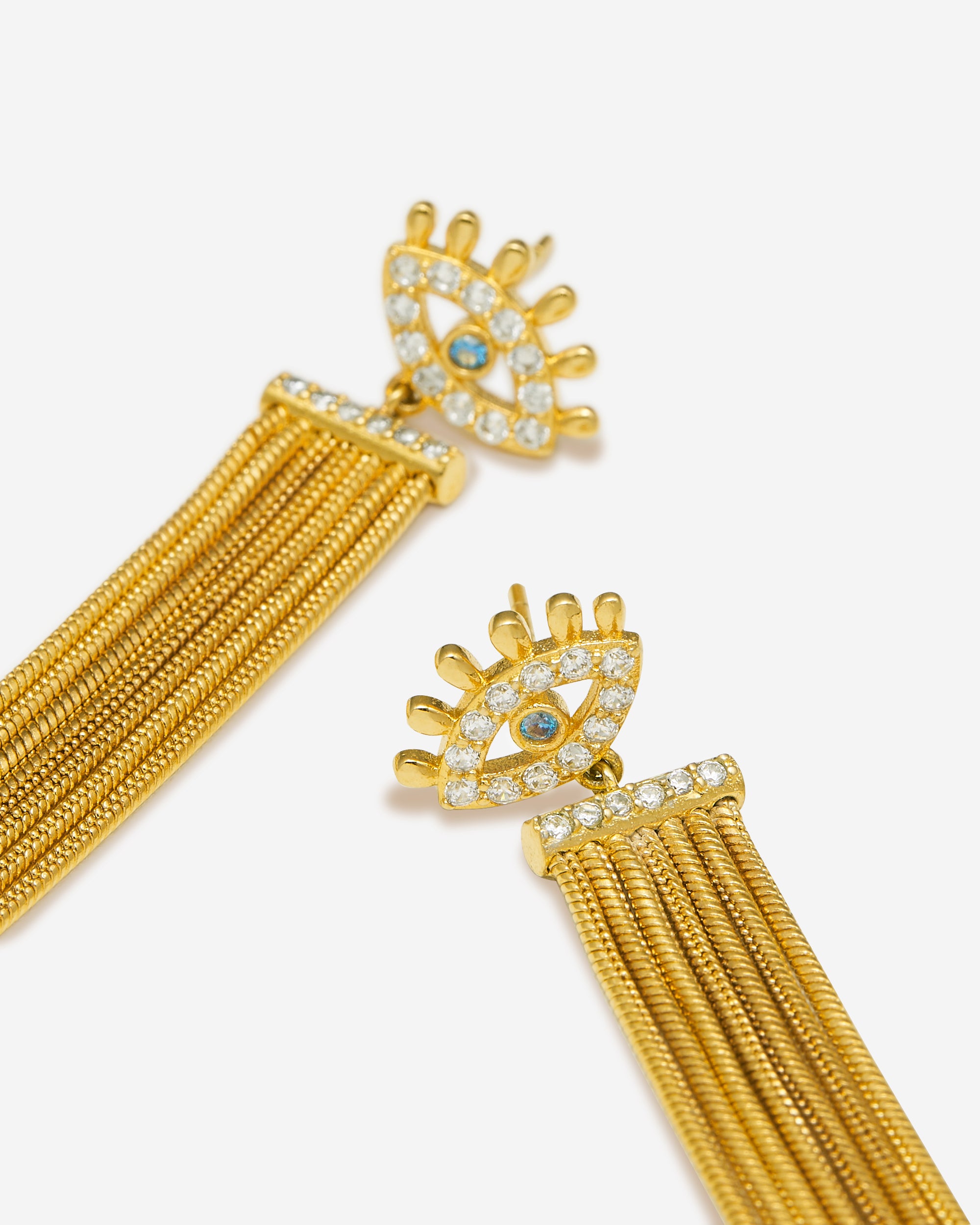 Magic Eye Tassel Earrings - 18ct Gold Plated & White Zircon & Sea Blue Zircon