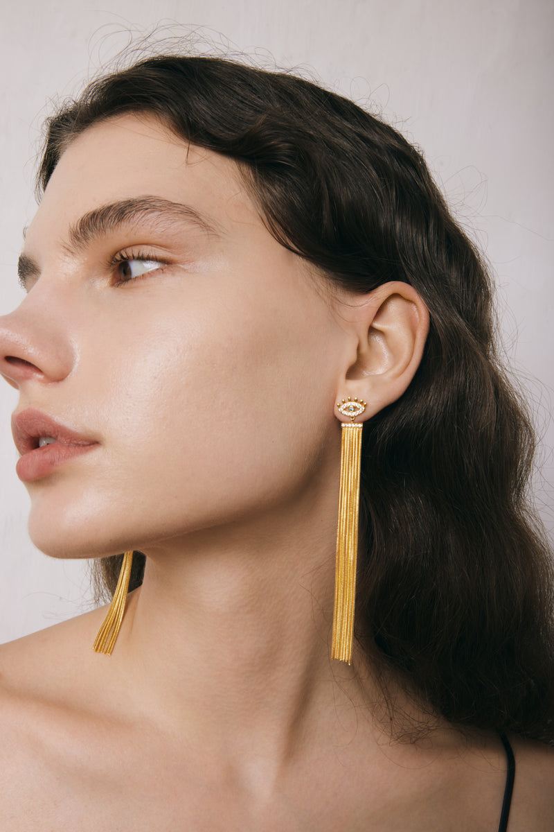 Magic Eye Tassel Earrings - 18ct Gold Plated & White Zircon & Sea Blue Zircon