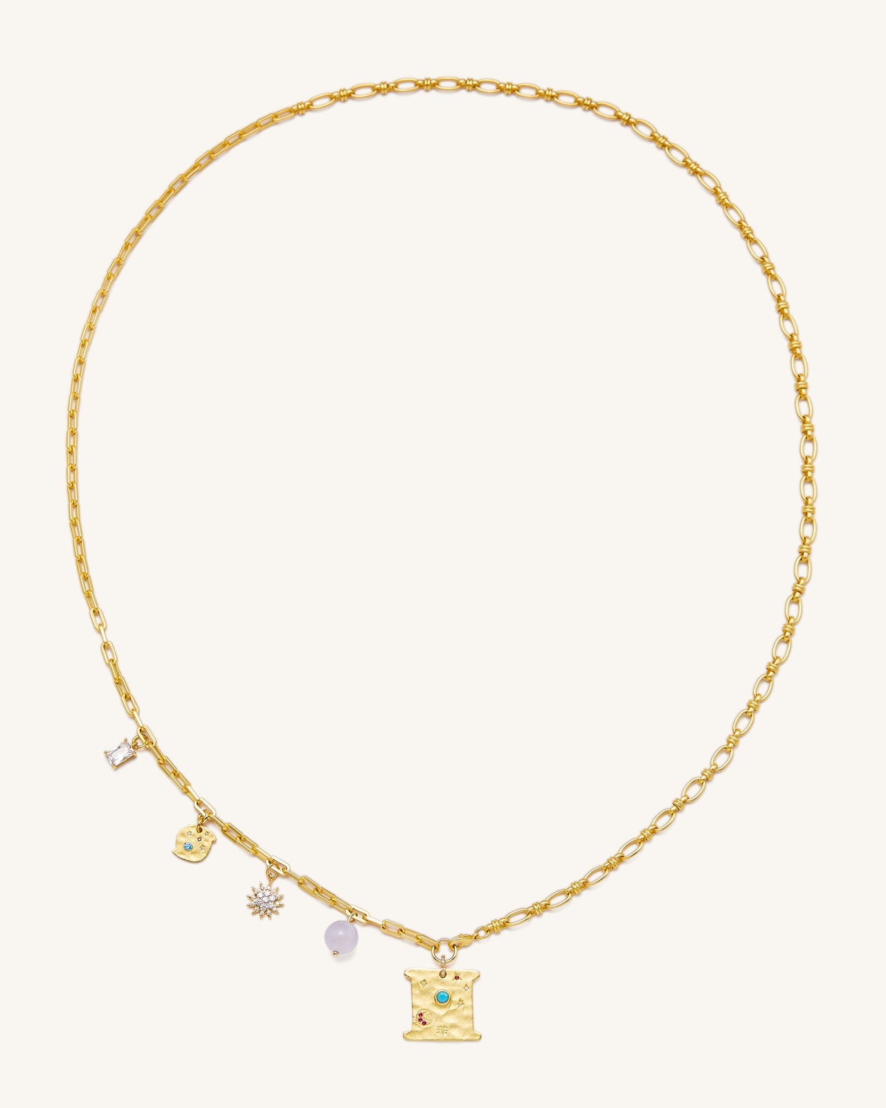 Cosmos Square Multi Charm Necklace - 18ct Gold Plated & Turquoise & Multicolor Zircon & Purple Beads