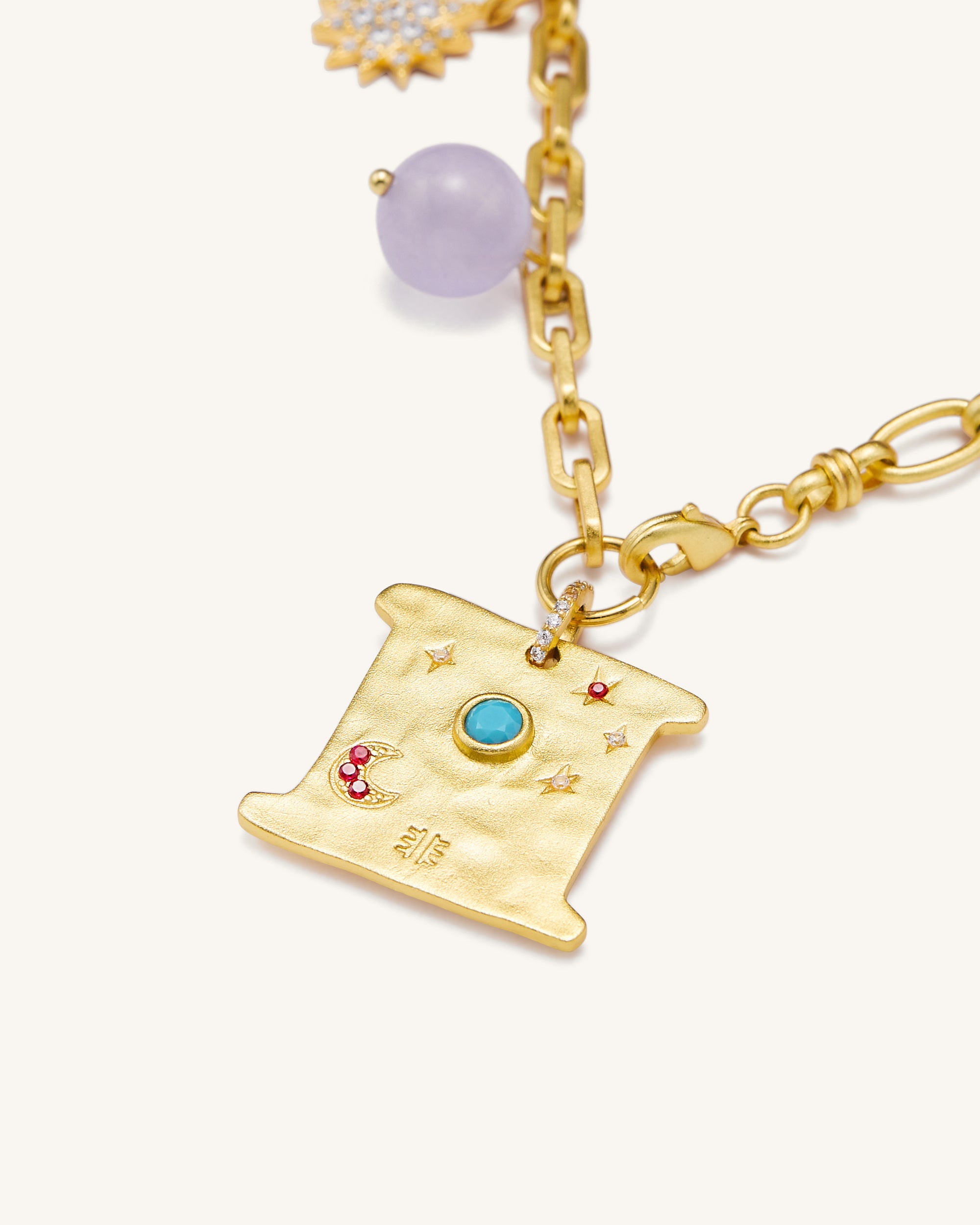 Cosmos Square Multi Charm Necklace - 18ct Gold Plated & Turquoise & Multicolor Zircon & Purple Beads Online Shopping - JW Pei