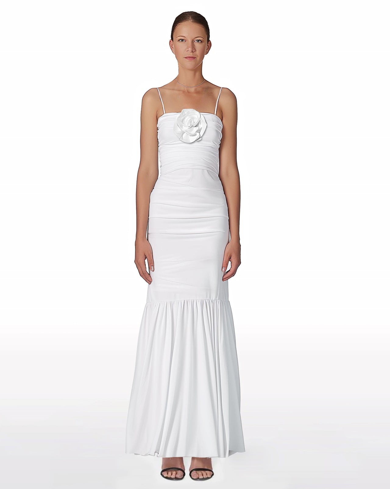 White Rosette Applique Ruched Slip Long Dress