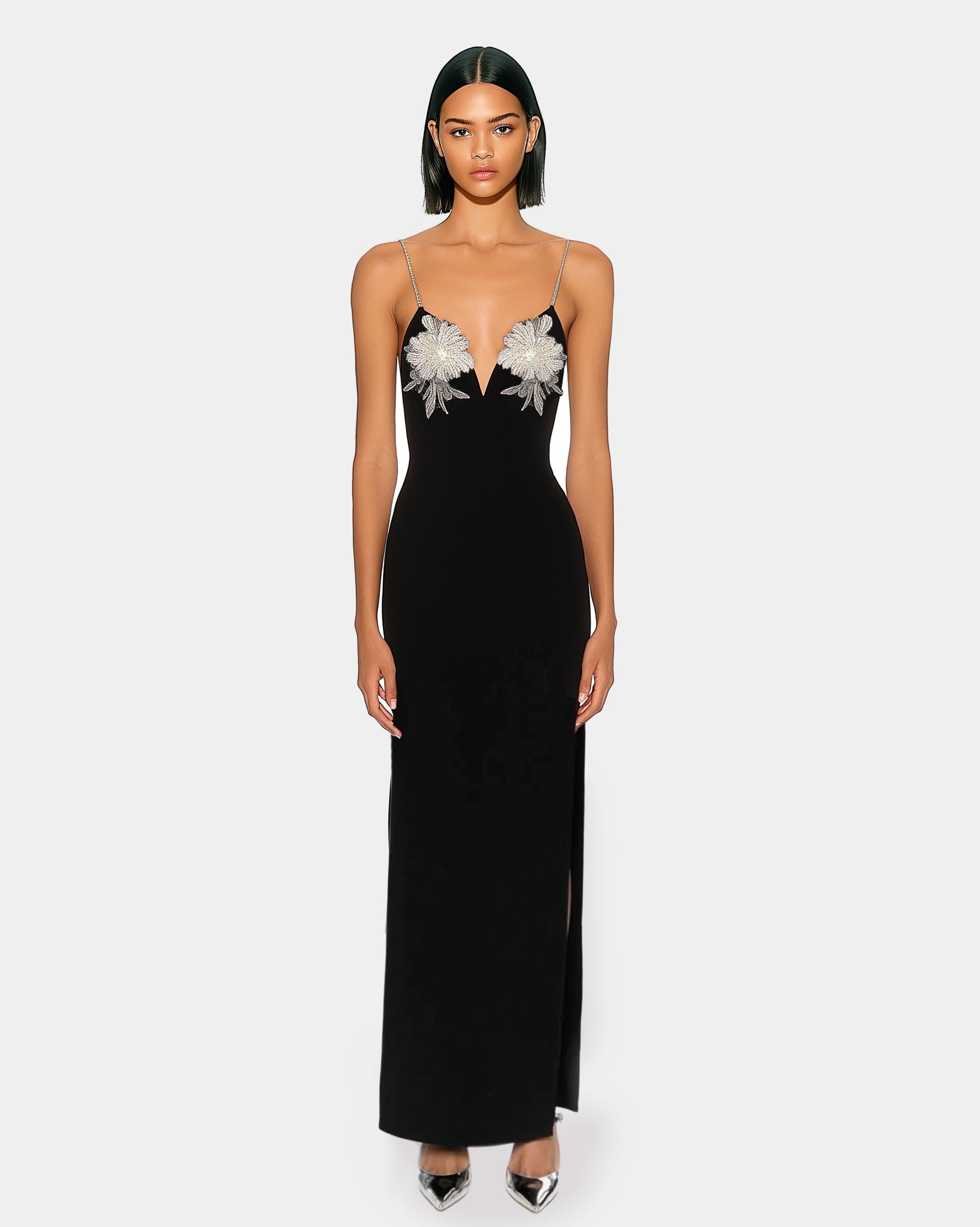 Rhinestone Embellished Sweetheart Sheath Dress with High Side Slit Black