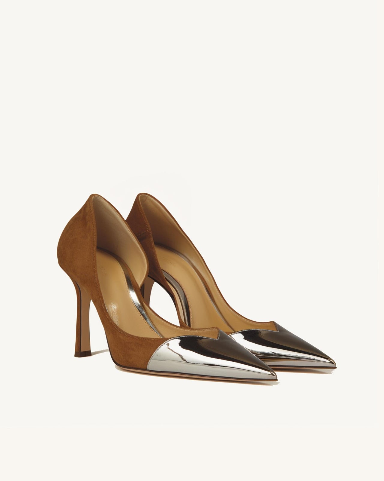Pointed Silver Toe Suede Pumps-Brown