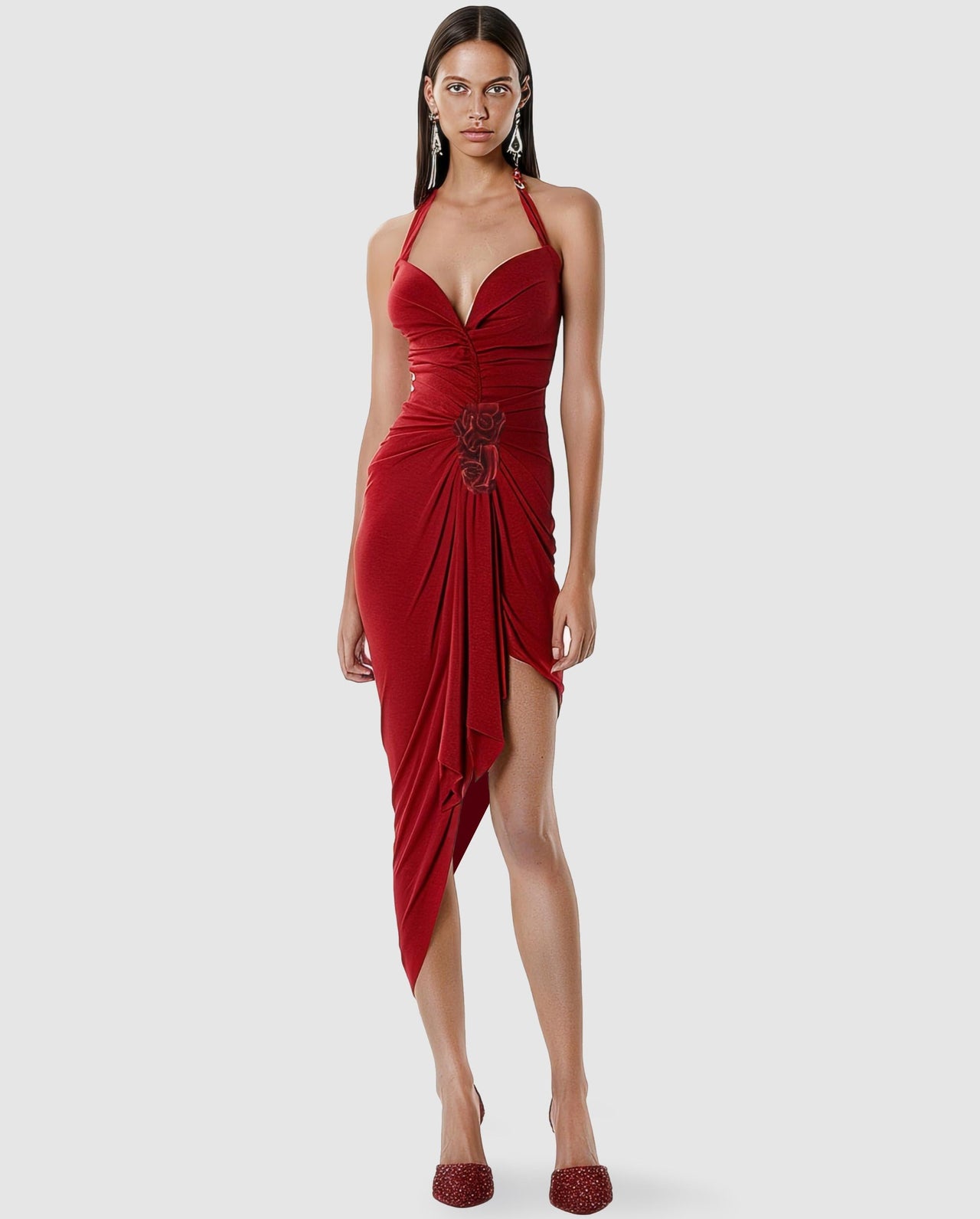 Red Floral Applique Halter Midi Dress